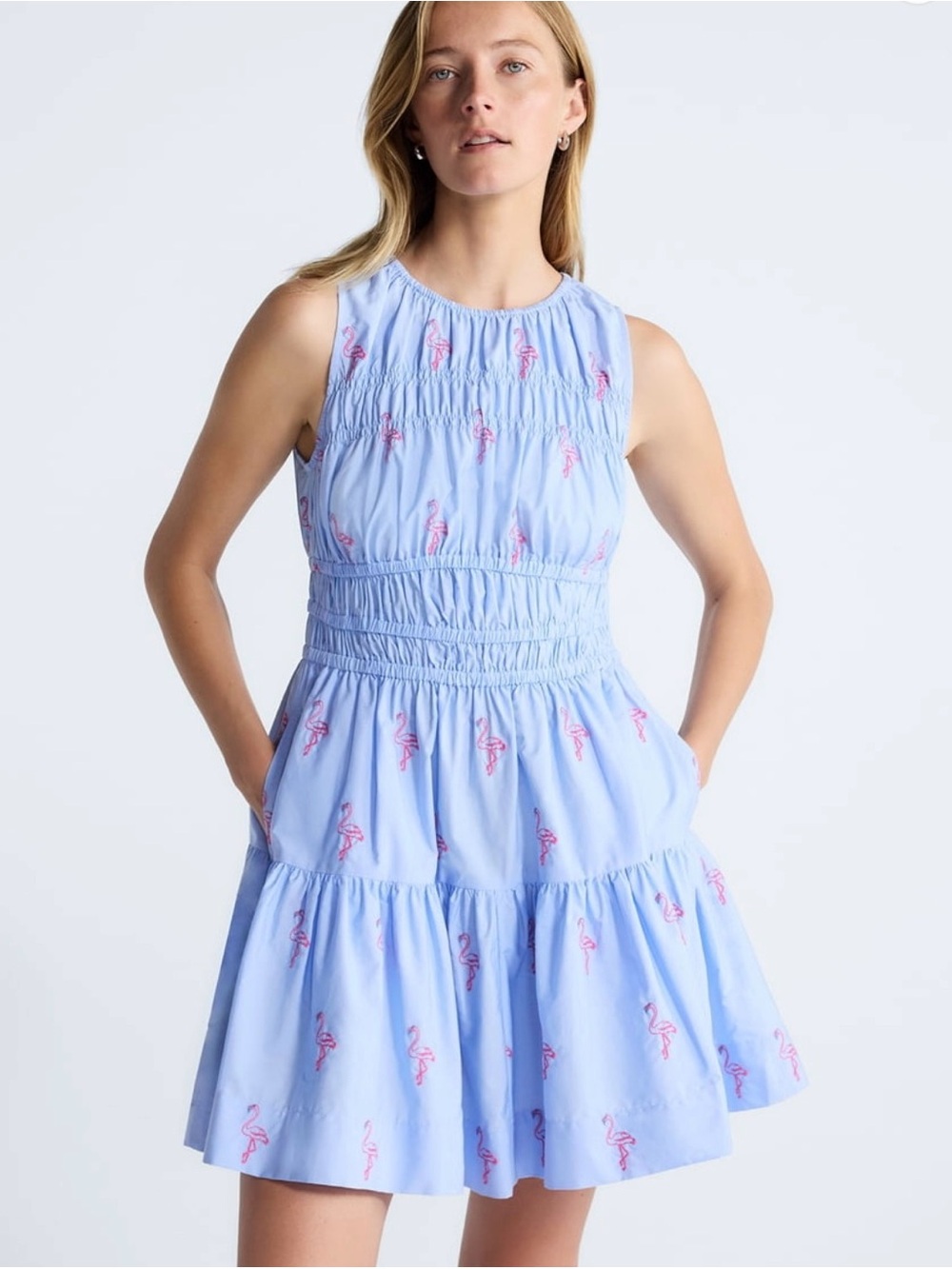 Light Blue Sundress with Pink Flamingo Embroidery